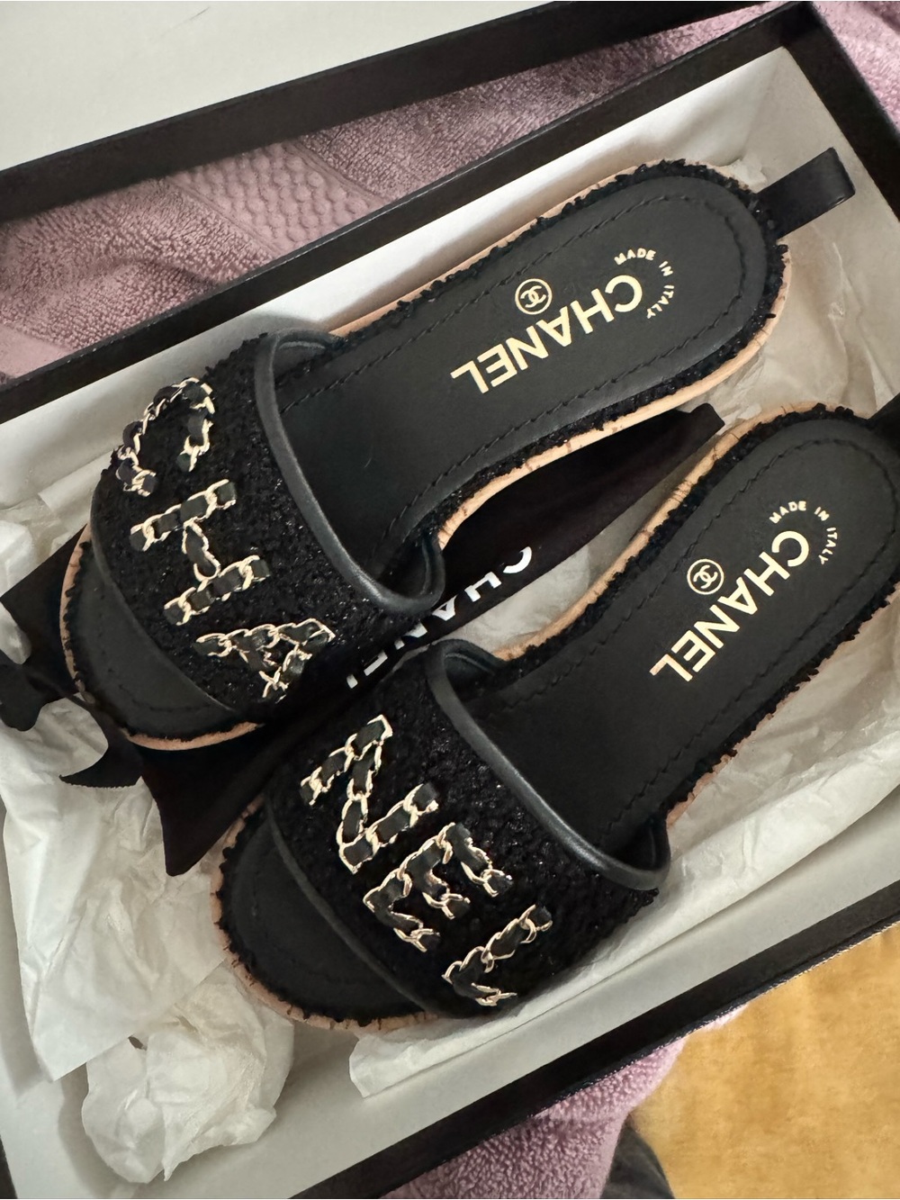 CHANEL Black Tweed Slide Mules with Gold Chain Accent